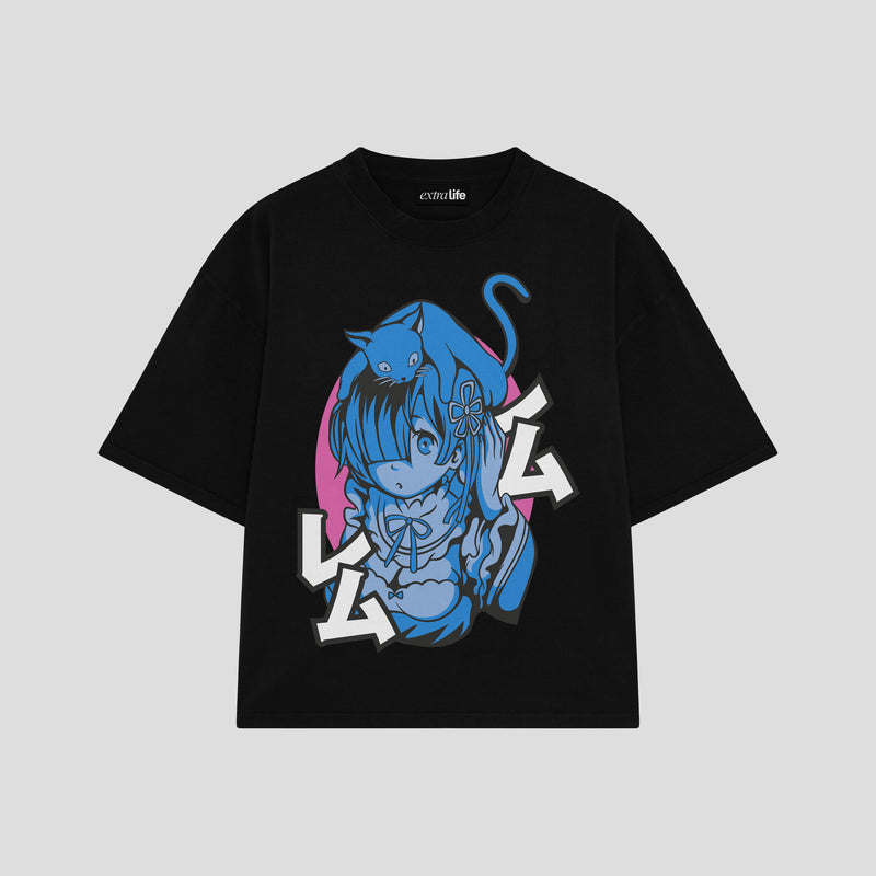 Playera streetwear premium de anime y gaming ExtraLife MX, corte boxy oversized drop shoulder heavyweight en color Deep Black y Off-White, moda urbana mexicana de culto.