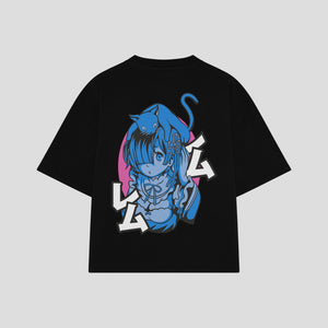 Playera streetwear premium de anime y gaming ExtraLife MX, corte boxy oversized drop shoulder heavyweight en color Deep Black y Off-White, moda urbana mexicana de culto.