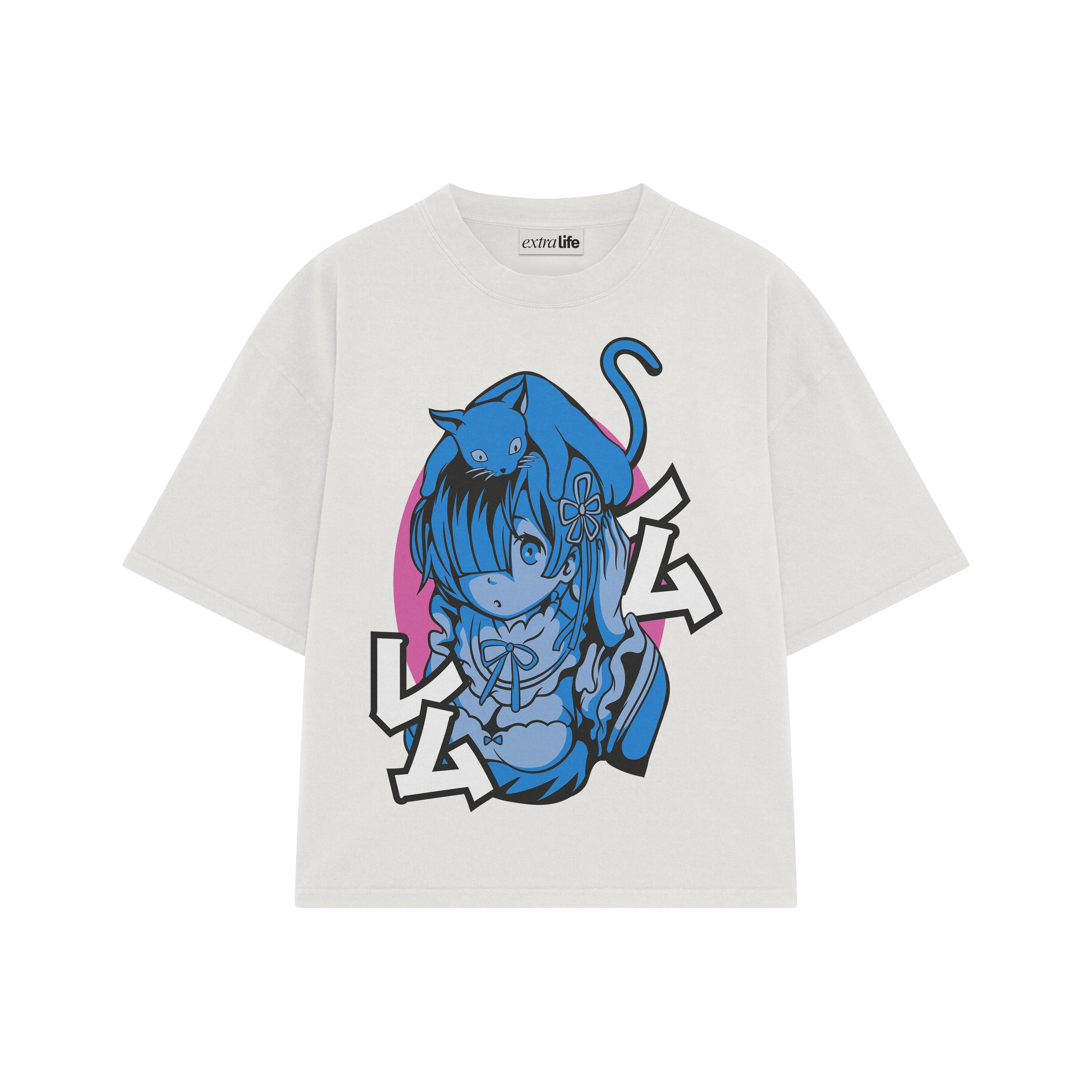 Playera streetwear premium de anime y gaming ExtraLife MX, corte boxy oversized drop shoulder heavyweight en color Deep Black y Off-White, moda urbana mexicana de culto.