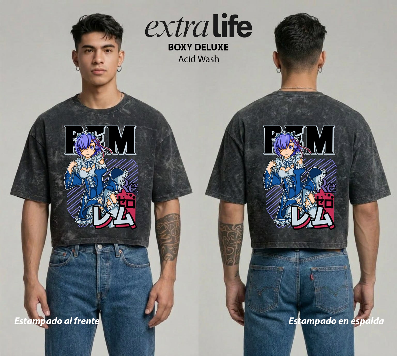 Playera streetwear premium de anime y gaming ExtraLife MX, corte boxy deluxe mineral wash heavyweight en color Acid Wash, moda urbana mexicana de culto.