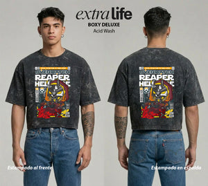 Playera streetwear premium de anime y gaming ExtraLife MX, corte boxy deluxe mineral wash heavyweight en color Acid Wash, moda urbana mexicana de culto.