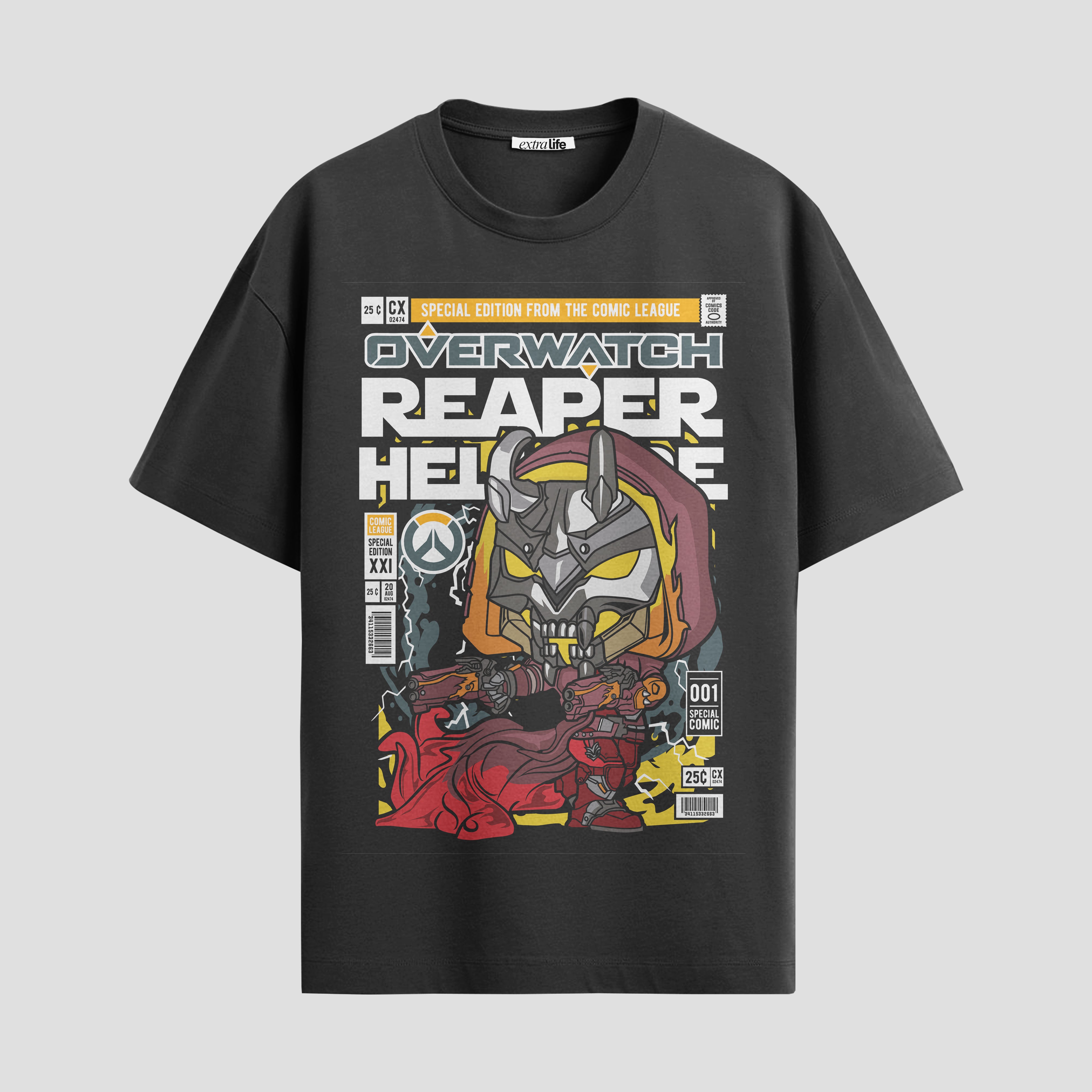 Playera urbana de anime y gaming ExtraLife MX, corte Standard Fit unisex ligero y transpirable en color Deep Black y Pure White, ropa de uso diario para gym y casual.