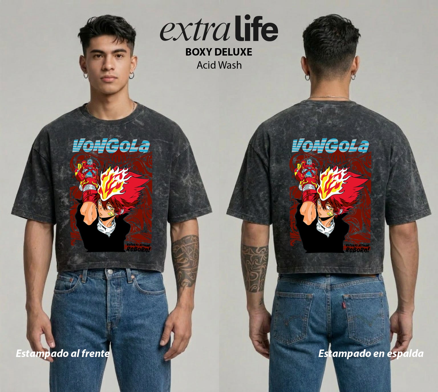 Playera streetwear premium de anime y gaming ExtraLife MX, corte boxy deluxe mineral wash heavyweight en color Acid Wash, moda urbana mexicana de culto.