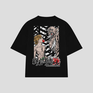 Playera streetwear premium de anime y gaming ExtraLife MX, corte boxy oversized drop shoulder heavyweight en color Deep Black y Off-White, moda urbana mexicana de culto.