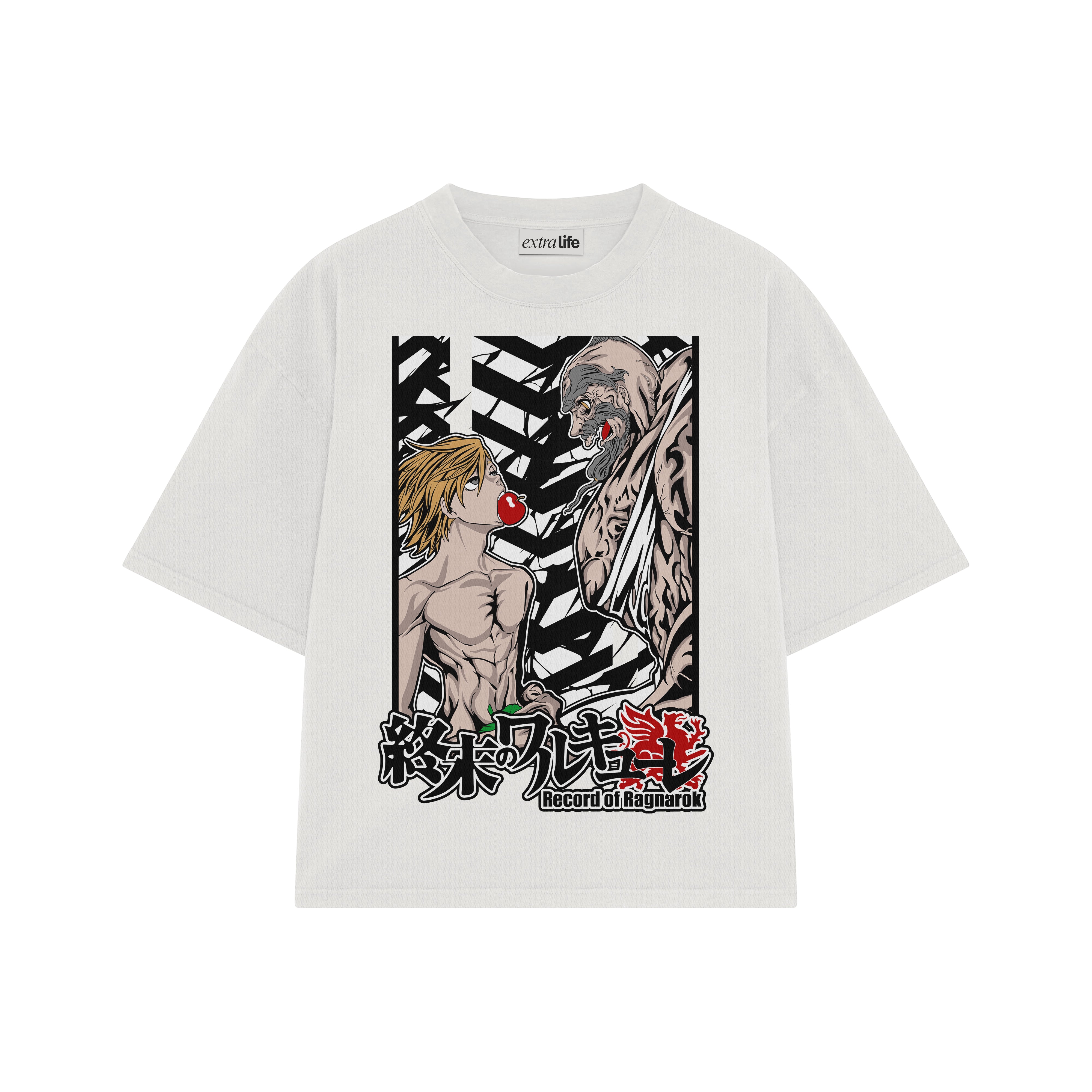 Playera streetwear premium de anime y gaming ExtraLife MX, corte boxy oversized drop shoulder heavyweight en color Deep Black y Off-White, moda urbana mexicana de culto.