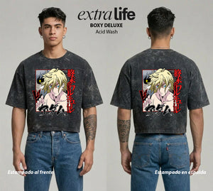 Playera streetwear premium de anime y gaming ExtraLife MX, corte boxy deluxe mineral wash heavyweight en color Acid Wash, moda urbana mexicana de culto.