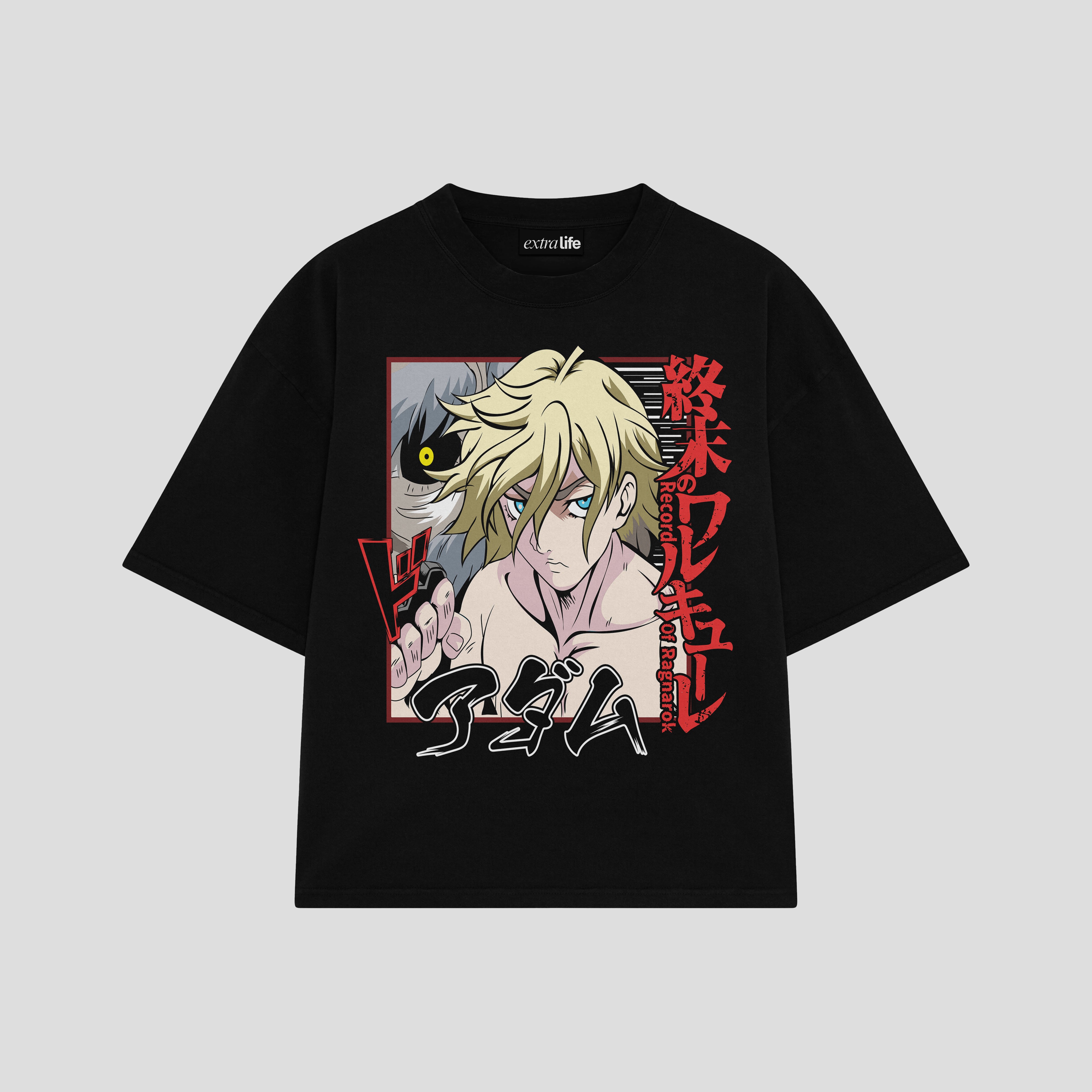Playera streetwear premium de anime y gaming ExtraLife MX, corte boxy oversized drop shoulder heavyweight en color Deep Black y Off-White, moda urbana mexicana de culto.