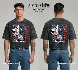 Playera streetwear premium de anime y gaming ExtraLife MX, corte boxy deluxe mineral wash heavyweight en color Acid Wash, moda urbana mexicana de culto.