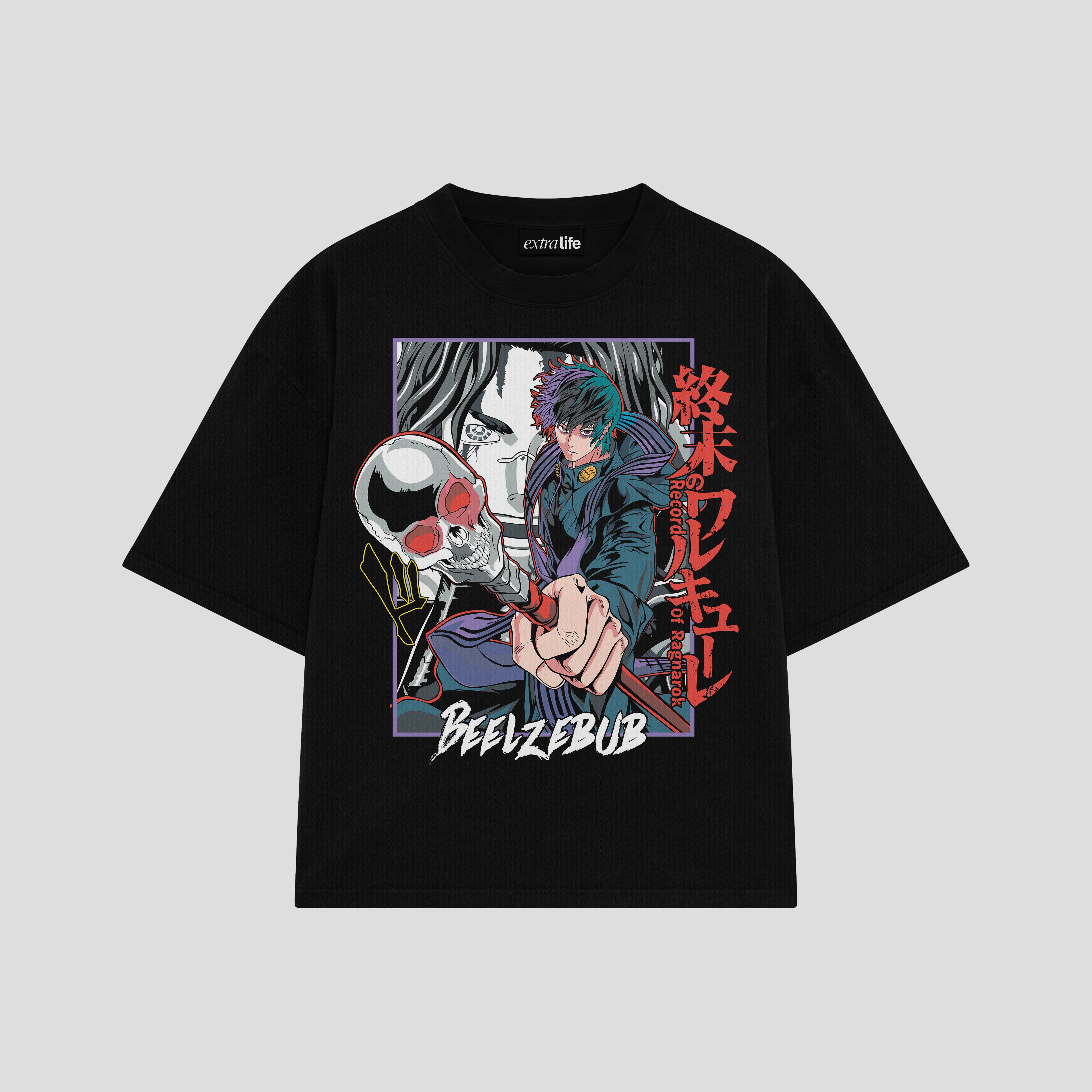 Playera streetwear premium de anime y gaming ExtraLife MX, corte boxy oversized drop shoulder heavyweight en color Deep Black y Off-White, moda urbana mexicana de culto.