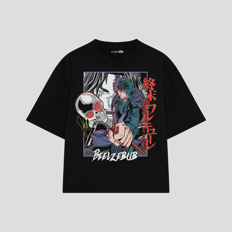 Playera streetwear premium de anime y gaming ExtraLife MX, corte boxy oversized drop shoulder heavyweight en color Deep Black y Off-White, moda urbana mexicana de culto.