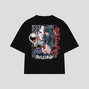 Playera streetwear premium de anime y gaming ExtraLife MX, corte boxy oversized drop shoulder heavyweight en color Deep Black y Off-White, moda urbana mexicana de culto.