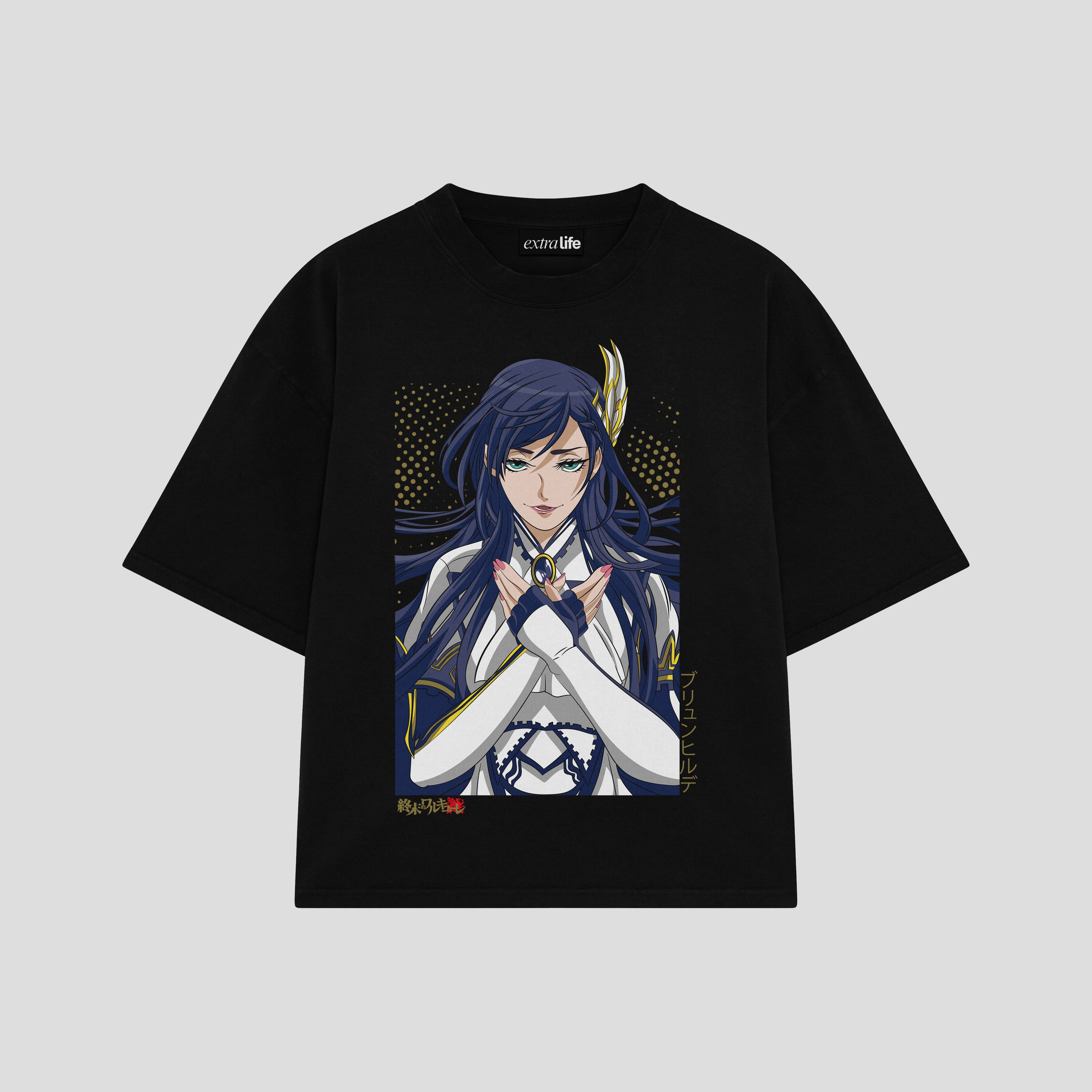 Playera streetwear premium de anime y gaming ExtraLife MX, corte boxy oversized drop shoulder heavyweight en color Deep Black y Off-White, moda urbana mexicana de culto.
