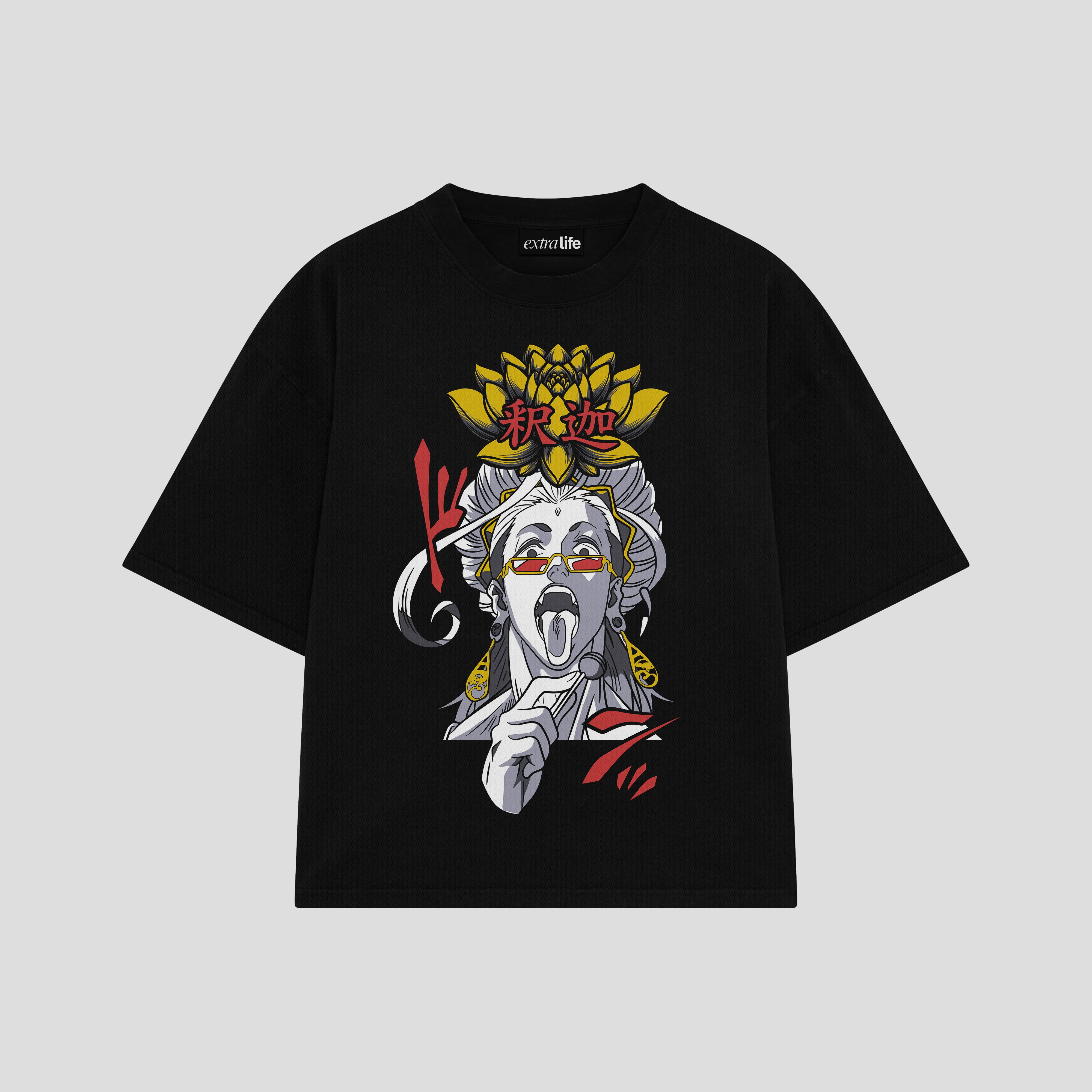Playera streetwear premium de anime y gaming ExtraLife MX, corte boxy oversized drop shoulder heavyweight en color Deep Black y Off-White, moda urbana mexicana de culto.