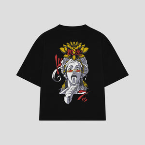 Playera streetwear premium de anime y gaming ExtraLife MX, corte boxy oversized drop shoulder heavyweight en color Deep Black y Off-White, moda urbana mexicana de culto.