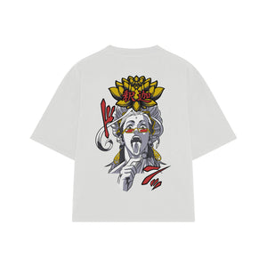 Playera streetwear premium de anime y gaming ExtraLife MX, corte boxy oversized drop shoulder heavyweight en color Deep Black y Off-White, moda urbana mexicana de culto.