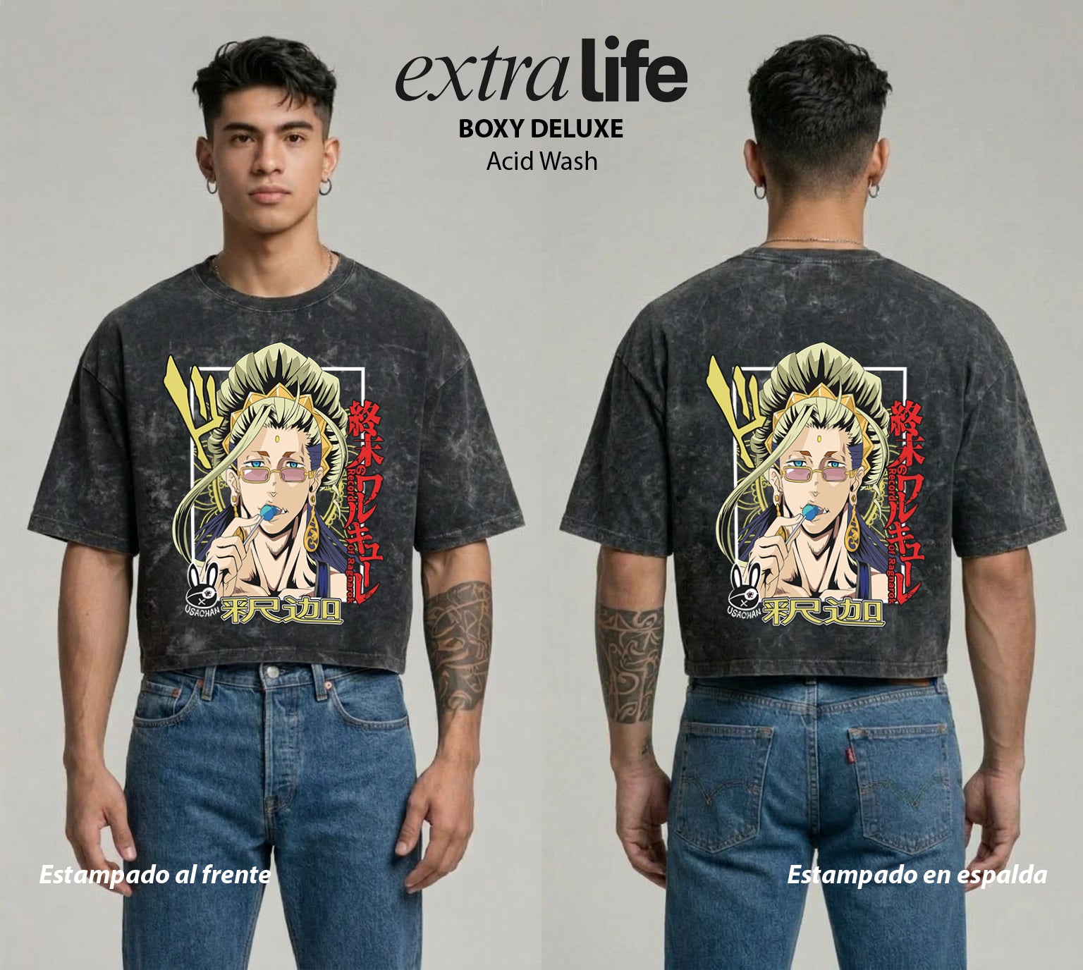 Playera streetwear premium de anime y gaming ExtraLife MX, corte boxy deluxe mineral wash heavyweight en color Acid Wash, moda urbana mexicana de culto.