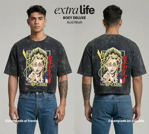 Playera streetwear premium de anime y gaming ExtraLife MX, corte boxy deluxe mineral wash heavyweight en color Acid Wash, moda urbana mexicana de culto.