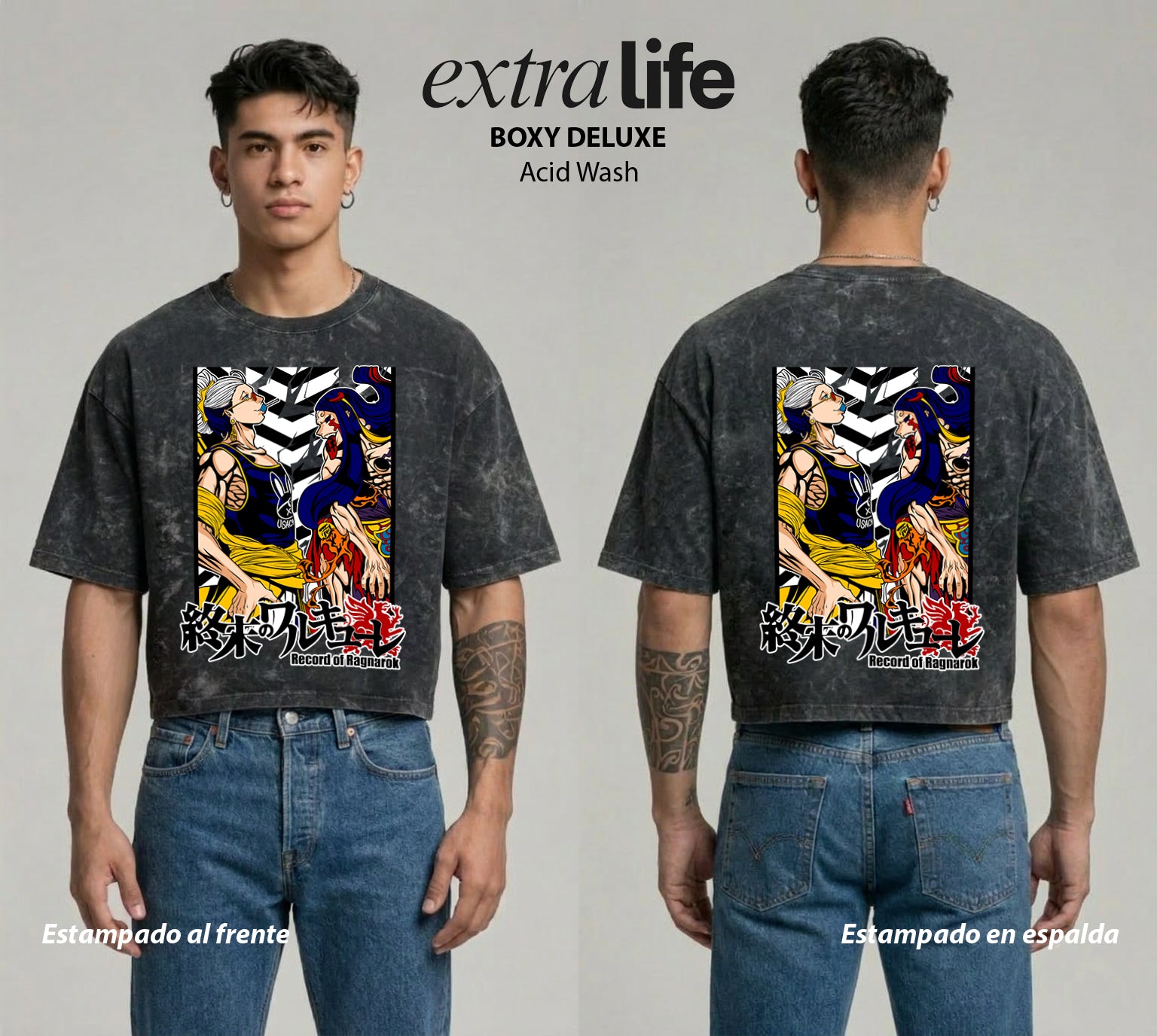 Playera streetwear premium de anime y gaming ExtraLife MX, corte boxy deluxe mineral wash heavyweight en color Acid Wash, moda urbana mexicana de culto.