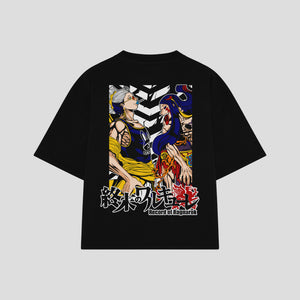 Playera streetwear premium de anime y gaming ExtraLife MX, corte boxy oversized drop shoulder heavyweight en color Deep Black y Off-White, moda urbana mexicana de culto.