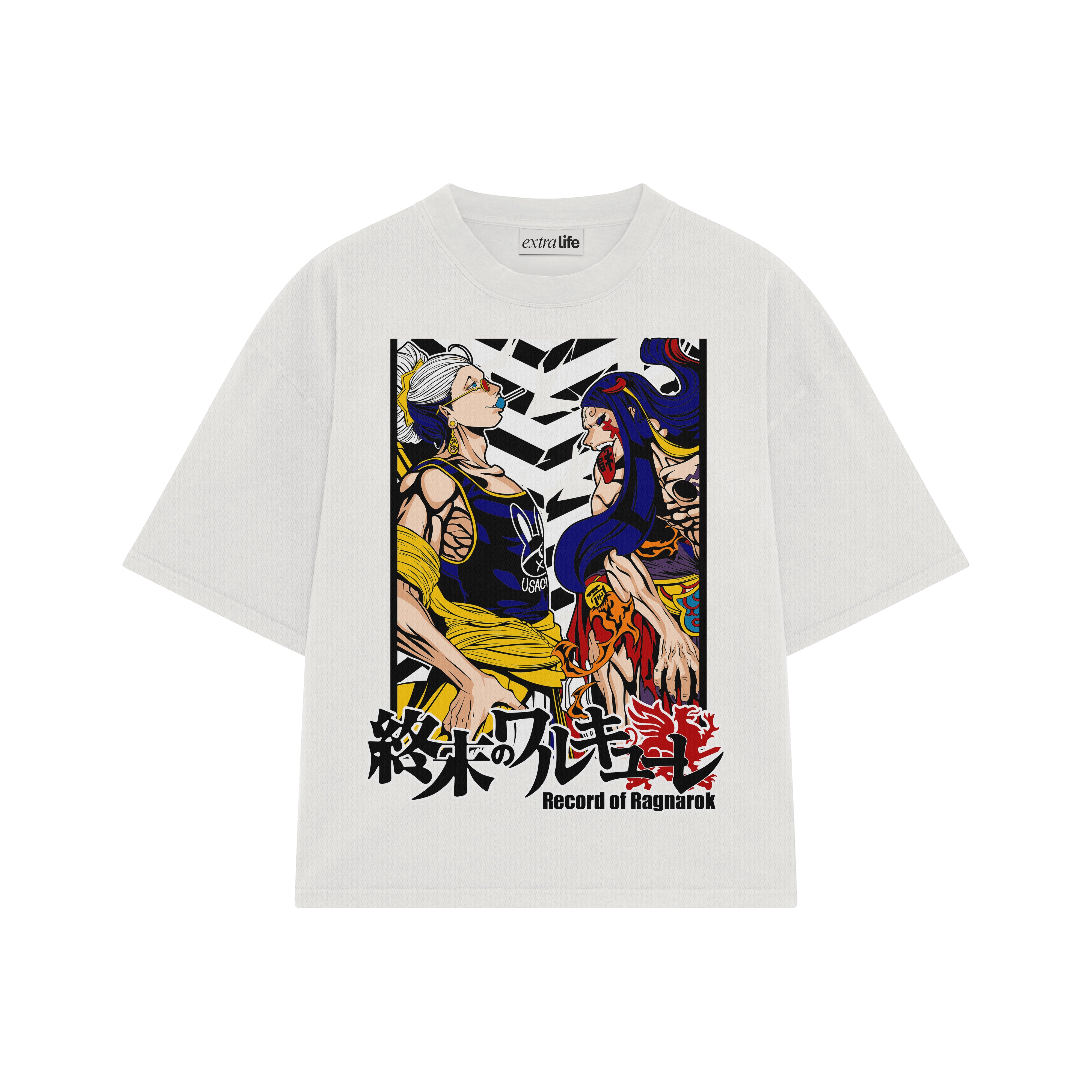 Playera streetwear premium de anime y gaming ExtraLife MX, corte boxy oversized drop shoulder heavyweight en color Deep Black y Off-White, moda urbana mexicana de culto.