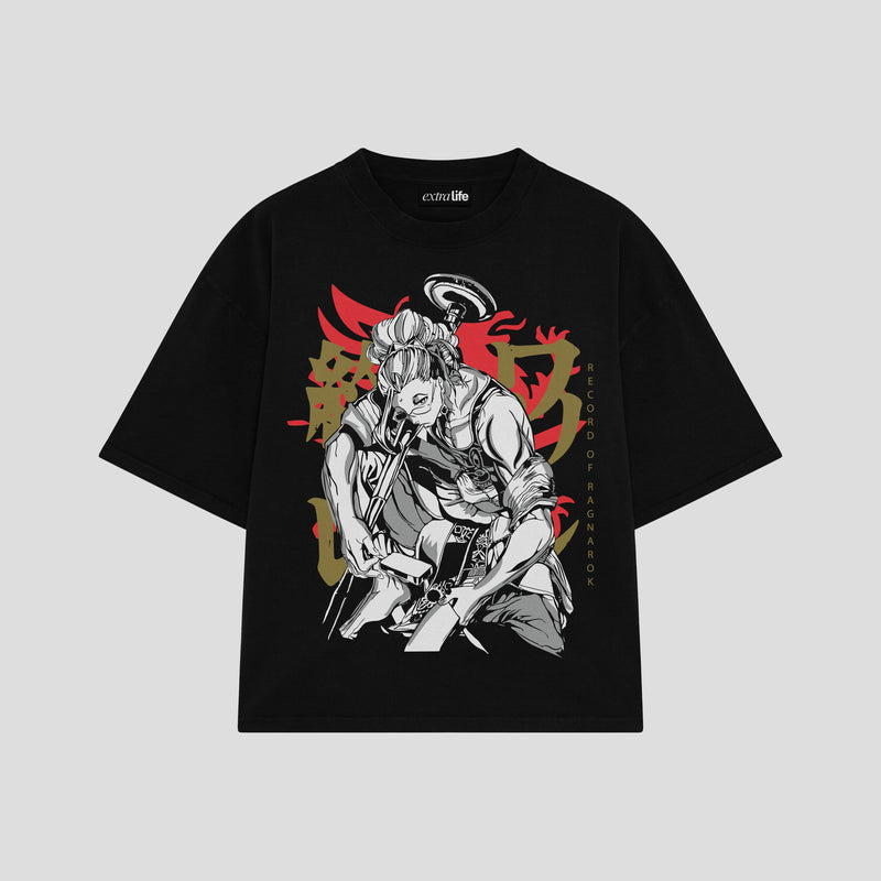 Playera streetwear premium de anime y gaming ExtraLife MX, corte boxy oversized drop shoulder heavyweight en color Deep Black y Off-White, moda urbana mexicana de culto.