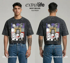 Playera streetwear premium de anime y gaming ExtraLife MX, corte boxy deluxe mineral wash heavyweight en color Acid Wash, moda urbana mexicana de culto.