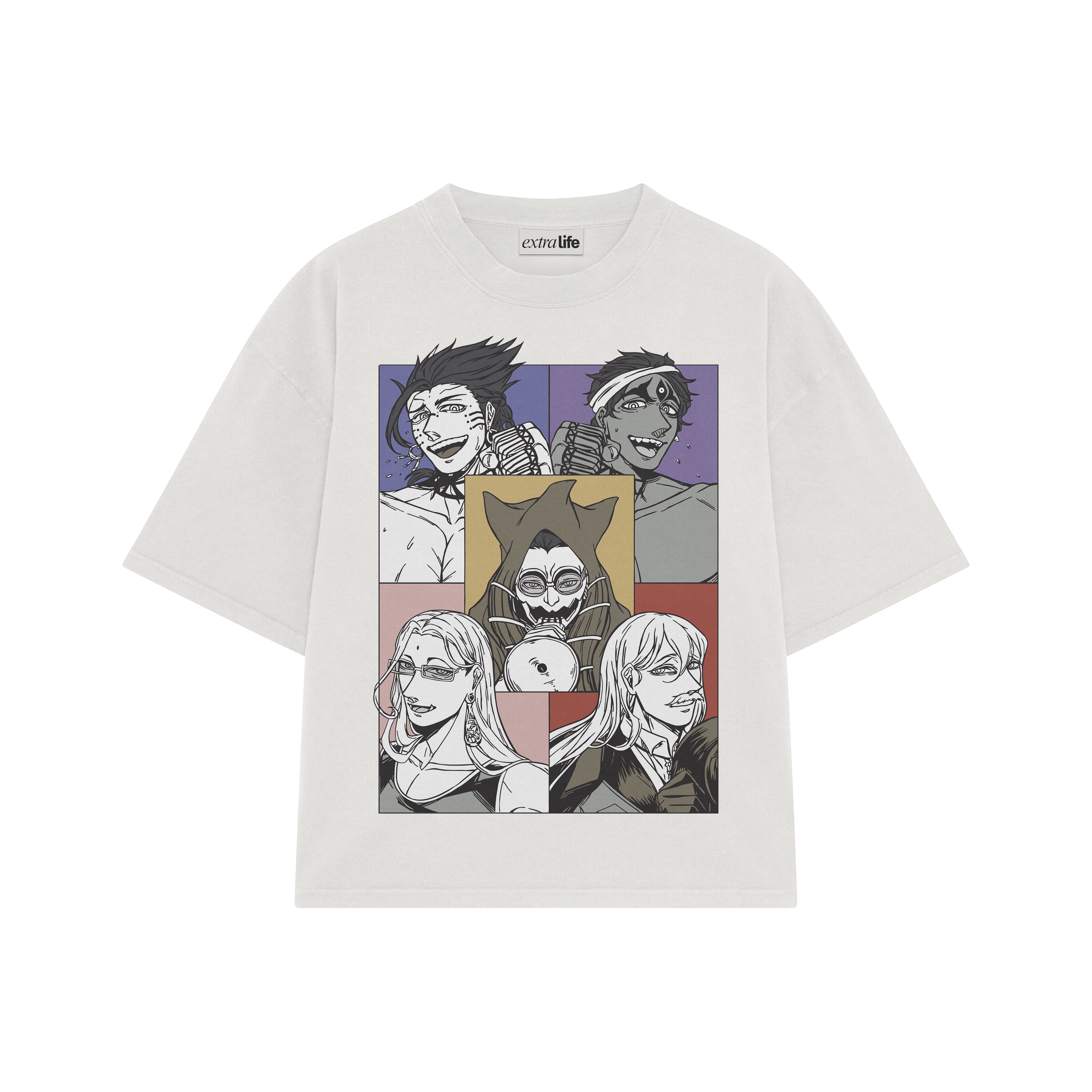 Playera streetwear premium de anime y gaming ExtraLife MX, corte boxy oversized drop shoulder heavyweight en color Deep Black y Off-White, moda urbana mexicana de culto.