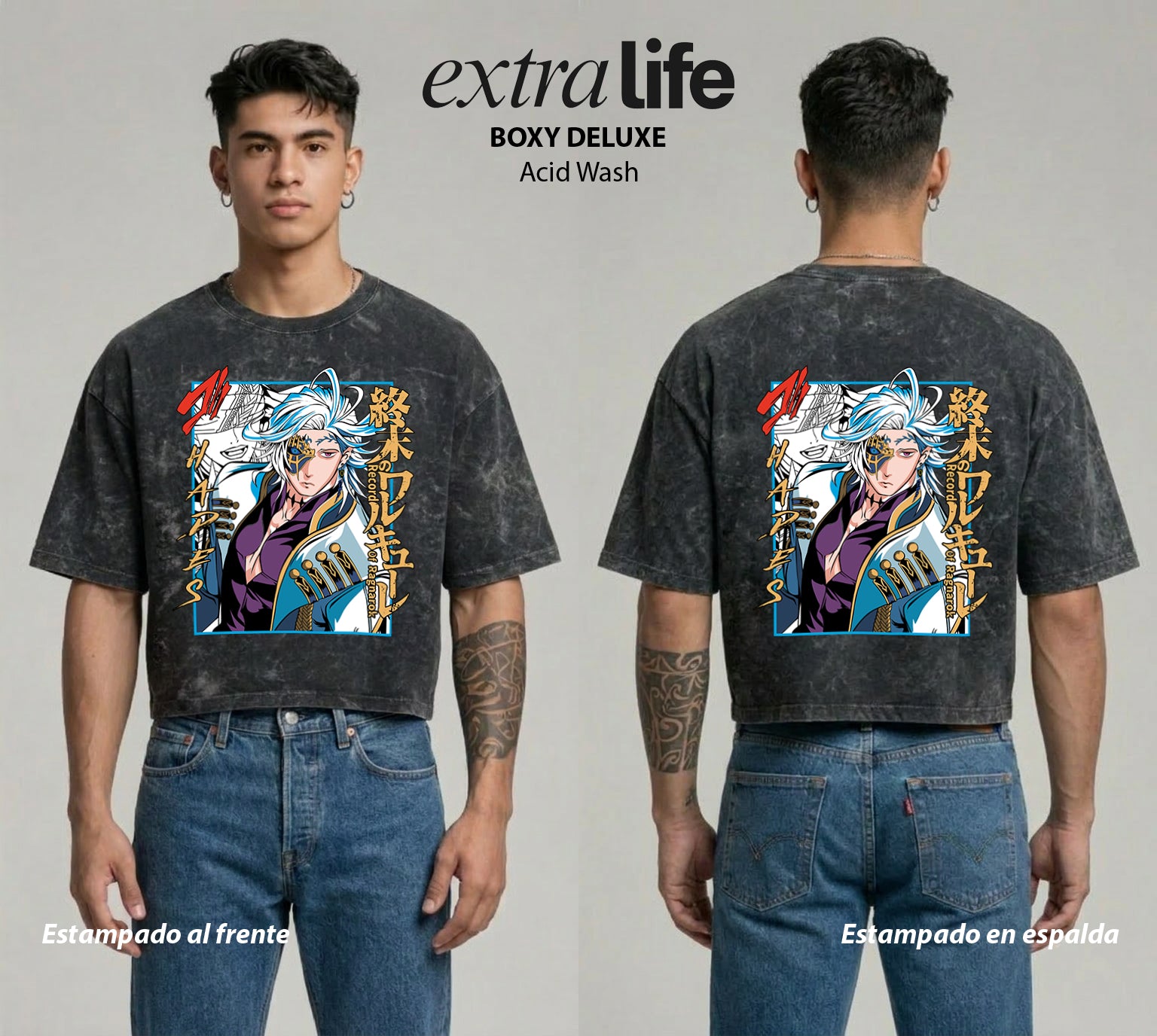 Playera streetwear premium de anime y gaming ExtraLife MX, corte boxy deluxe mineral wash heavyweight en color Acid Wash, moda urbana mexicana de culto.