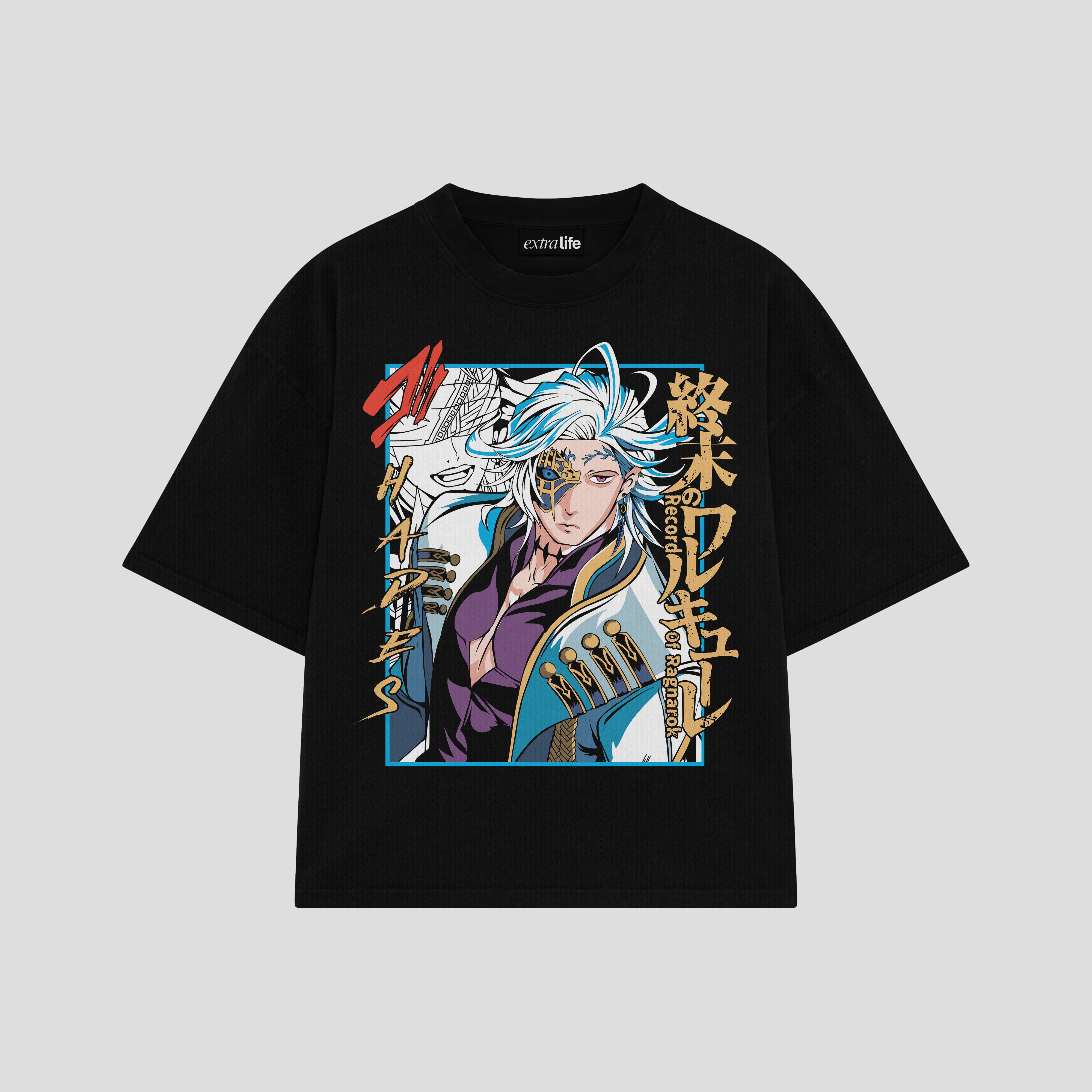 Playera streetwear premium de anime y gaming ExtraLife MX, corte boxy oversized drop shoulder heavyweight en color Deep Black y Off-White, moda urbana mexicana de culto.
