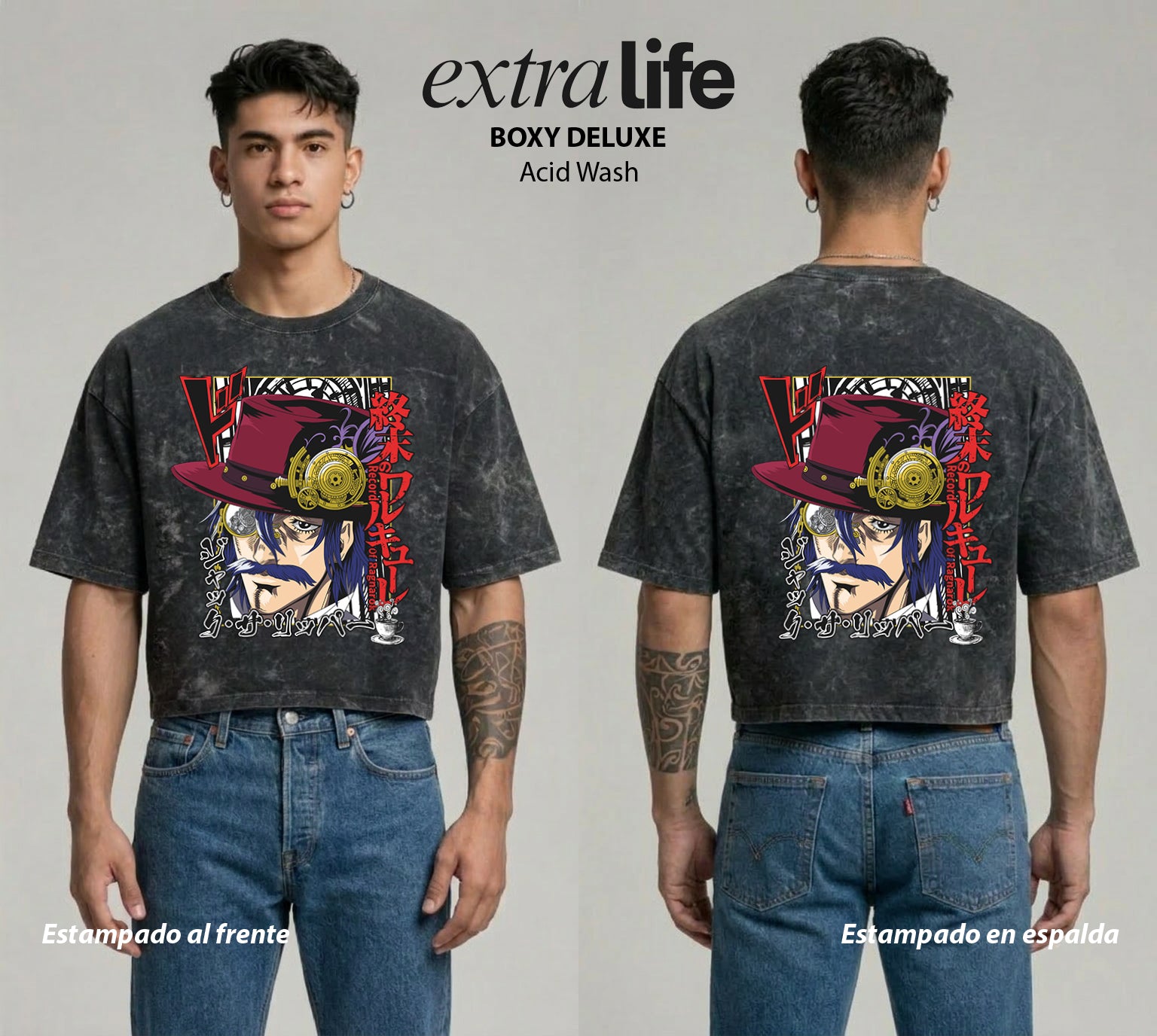 Playera streetwear premium de anime y gaming ExtraLife MX, corte boxy deluxe mineral wash heavyweight en color Acid Wash, moda urbana mexicana de culto.