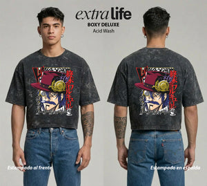 Playera streetwear premium de anime y gaming ExtraLife MX, corte boxy deluxe mineral wash heavyweight en color Acid Wash, moda urbana mexicana de culto.