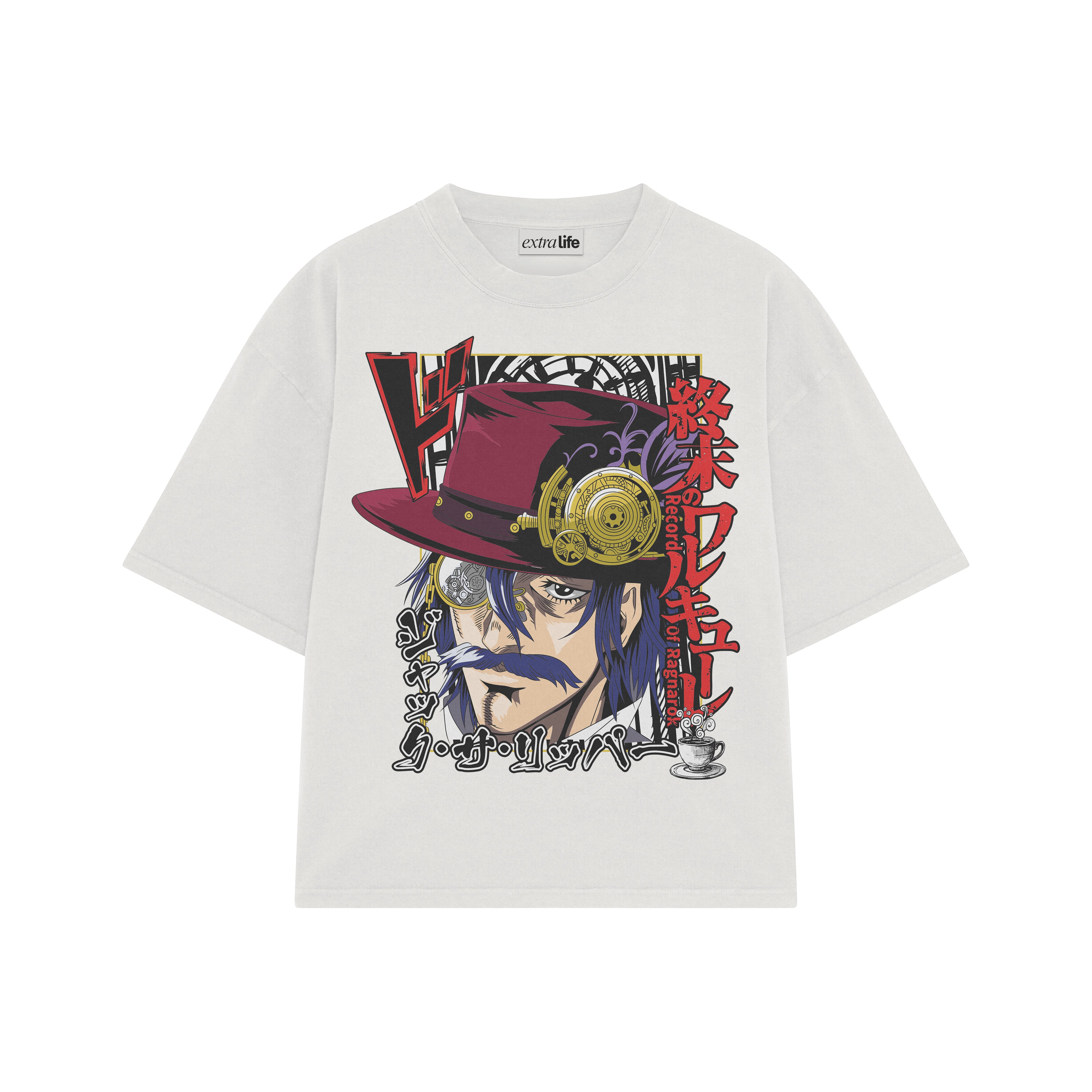 Playera streetwear premium de anime y gaming ExtraLife MX, corte boxy oversized drop shoulder heavyweight en color Deep Black y Off-White, moda urbana mexicana de culto.