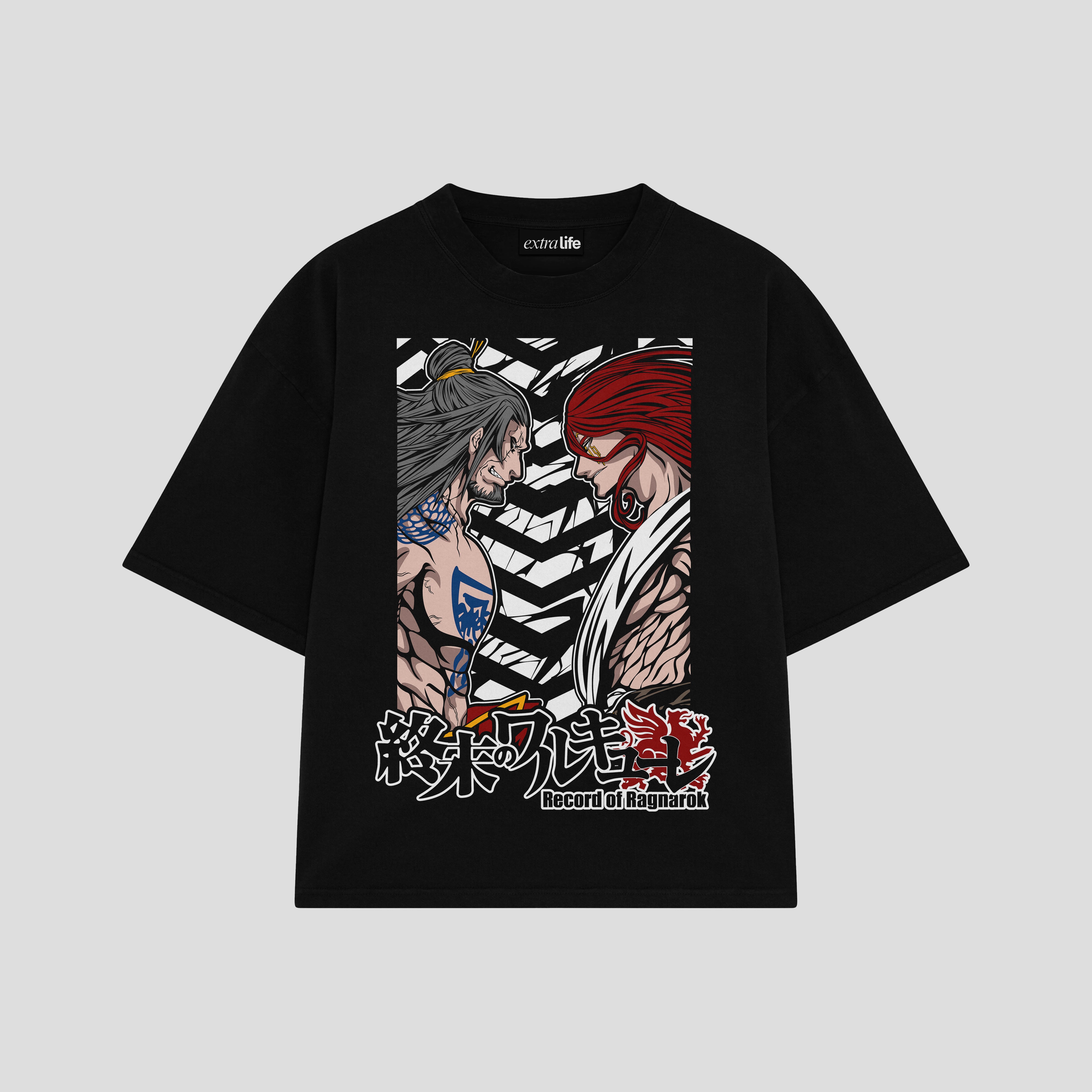 Playera streetwear premium de anime y gaming ExtraLife MX, corte boxy oversized drop shoulder heavyweight en color Deep Black y Off-White, moda urbana mexicana de culto.