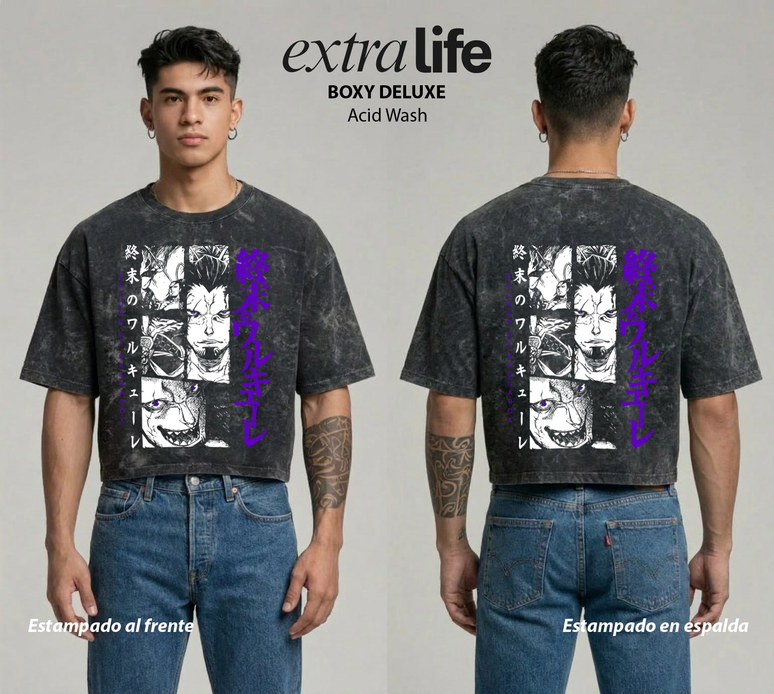 Playera streetwear premium de anime y gaming ExtraLife MX, corte boxy deluxe mineral wash heavyweight en color Acid Wash, moda urbana mexicana de culto.