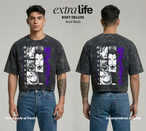 Playera streetwear premium de anime y gaming ExtraLife MX, corte boxy deluxe mineral wash heavyweight en color Acid Wash, moda urbana mexicana de culto.