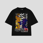 Playera streetwear premium de anime y gaming ExtraLife MX, corte boxy oversized drop shoulder heavyweight en color Deep Black y Off-White, moda urbana mexicana de culto.