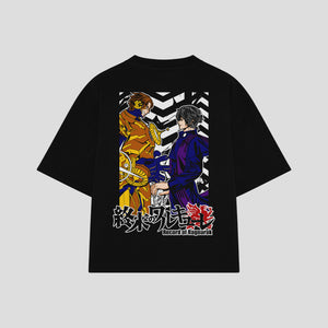 Playera streetwear premium de anime y gaming ExtraLife MX, corte boxy oversized drop shoulder heavyweight en color Deep Black y Off-White, moda urbana mexicana de culto.