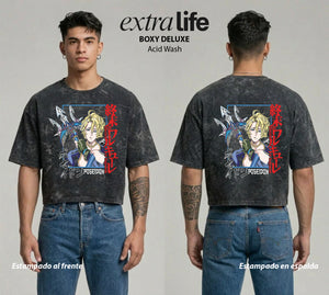 Playera streetwear premium de anime y gaming ExtraLife MX, corte boxy deluxe mineral wash heavyweight en color Acid Wash, moda urbana mexicana de culto.