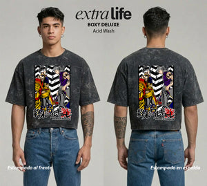 Playera streetwear premium de anime y gaming ExtraLife MX, corte boxy deluxe mineral wash heavyweight en color Acid Wash, moda urbana mexicana de culto.