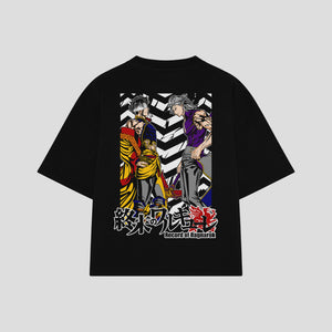 Playera streetwear premium de anime y gaming ExtraLife MX, corte boxy oversized drop shoulder heavyweight en color Deep Black y Off-White, moda urbana mexicana de culto.