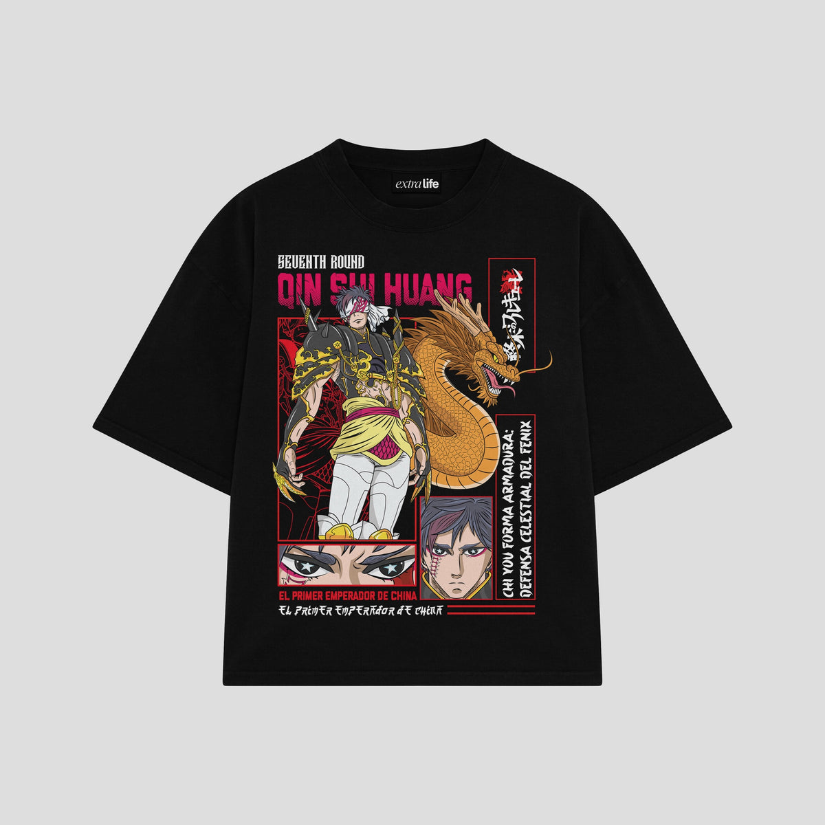 Playera streetwear premium de anime y gaming ExtraLife MX, corte oversized drop shoulder ligero y fresco en color Deep Black y Off-White, moda urbana mexicana de culto.