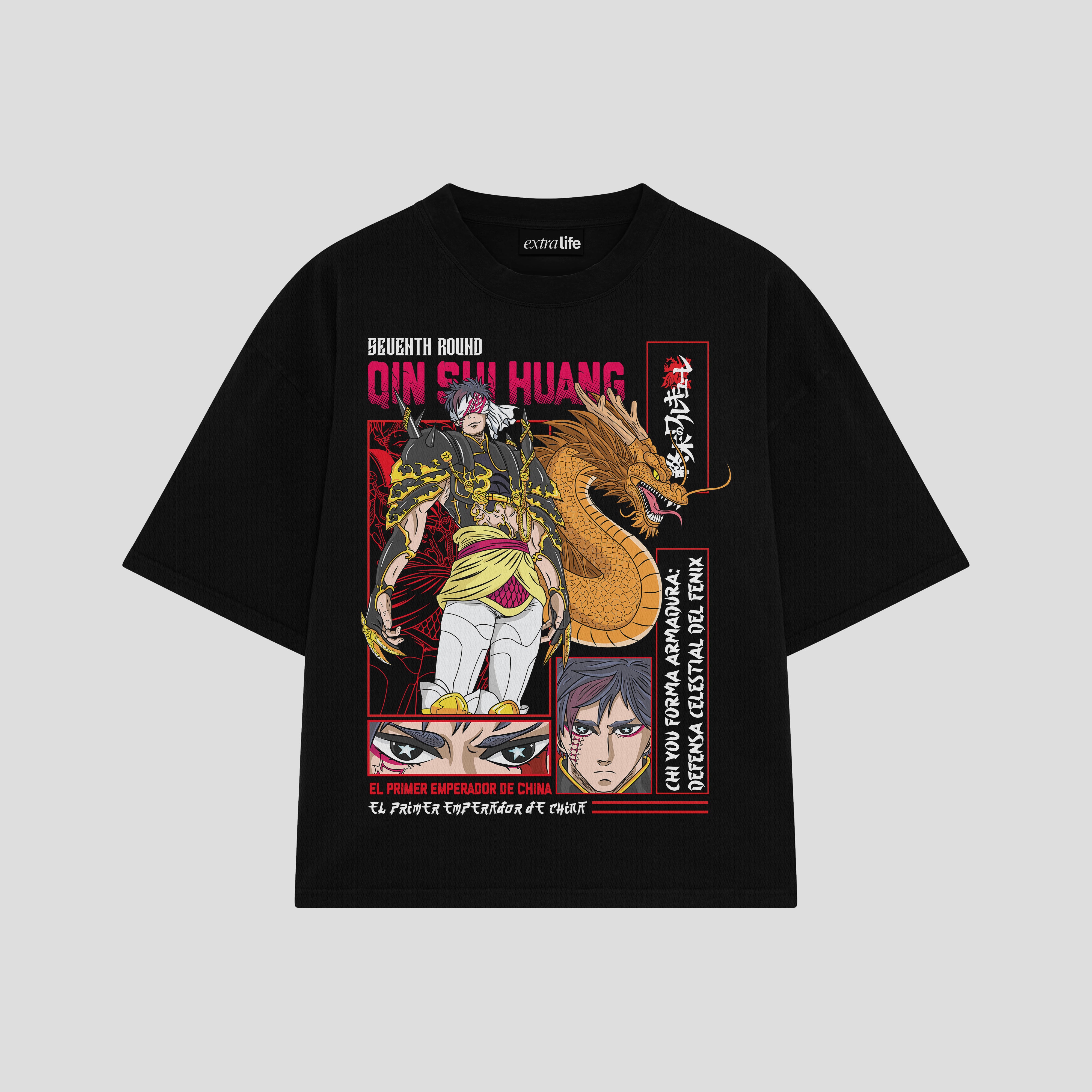 Playera streetwear premium de anime y gaming ExtraLife MX, corte boxy oversized drop shoulder heavyweight en color Deep Black y Off-White, moda urbana mexicana de culto.