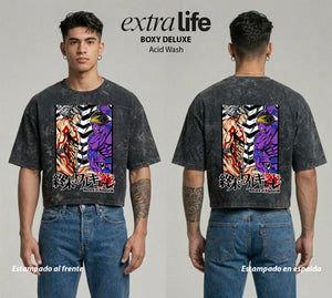 Playera streetwear premium de anime y gaming ExtraLife MX, corte boxy deluxe mineral wash heavyweight en color Acid Wash, moda urbana mexicana de culto.