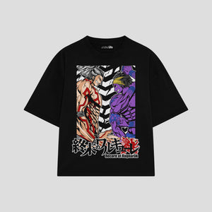 Playera streetwear premium de anime y gaming ExtraLife MX, corte boxy oversized drop shoulder heavyweight en color Deep Black y Off-White, moda urbana mexicana de culto.