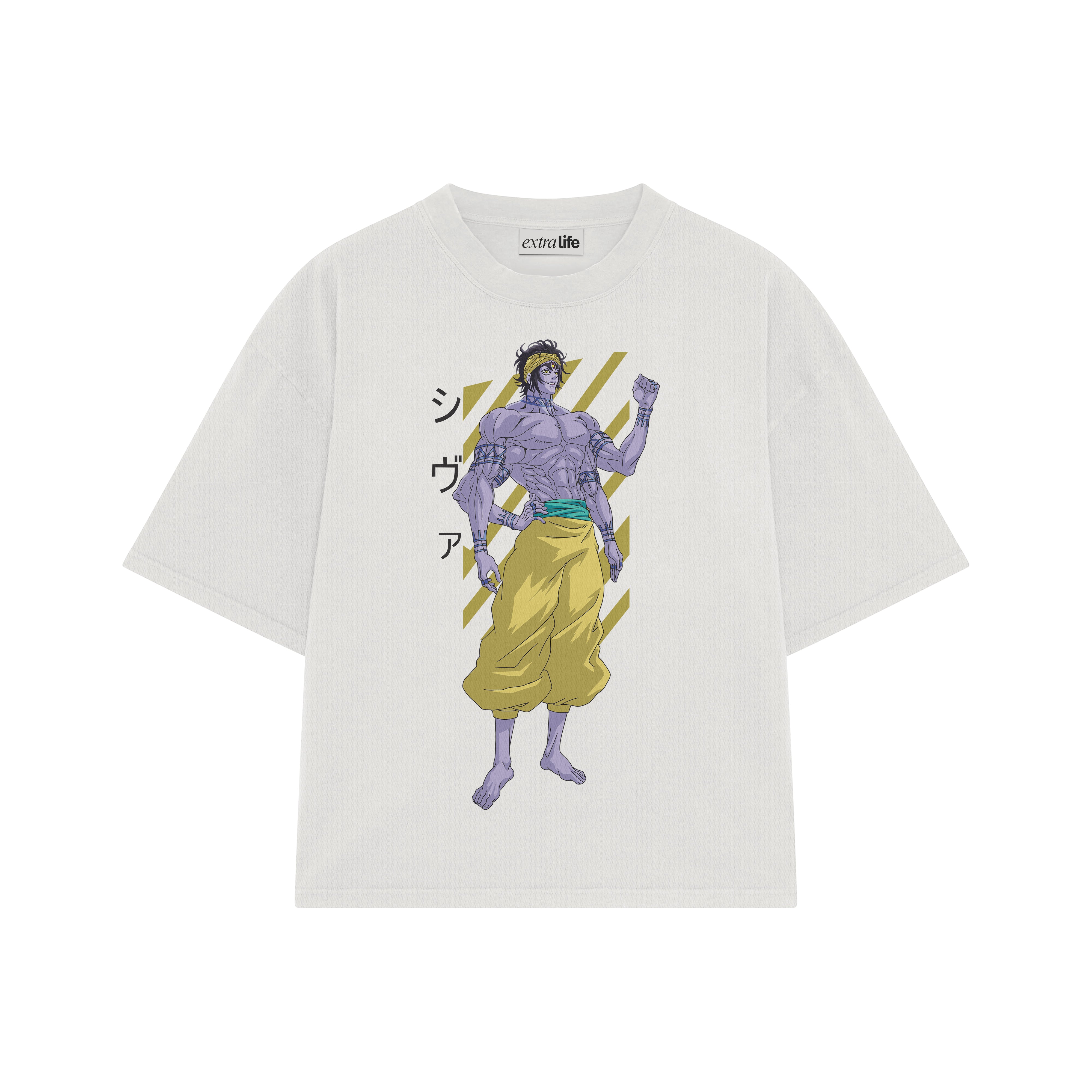 Playera streetwear premium de anime y gaming ExtraLife MX, corte boxy oversized drop shoulder heavyweight en color Deep Black y Off-White, moda urbana mexicana de culto.