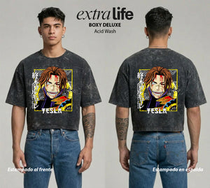 Playera streetwear premium de anime y gaming ExtraLife MX, corte boxy deluxe mineral wash heavyweight en color Acid Wash, moda urbana mexicana de culto.