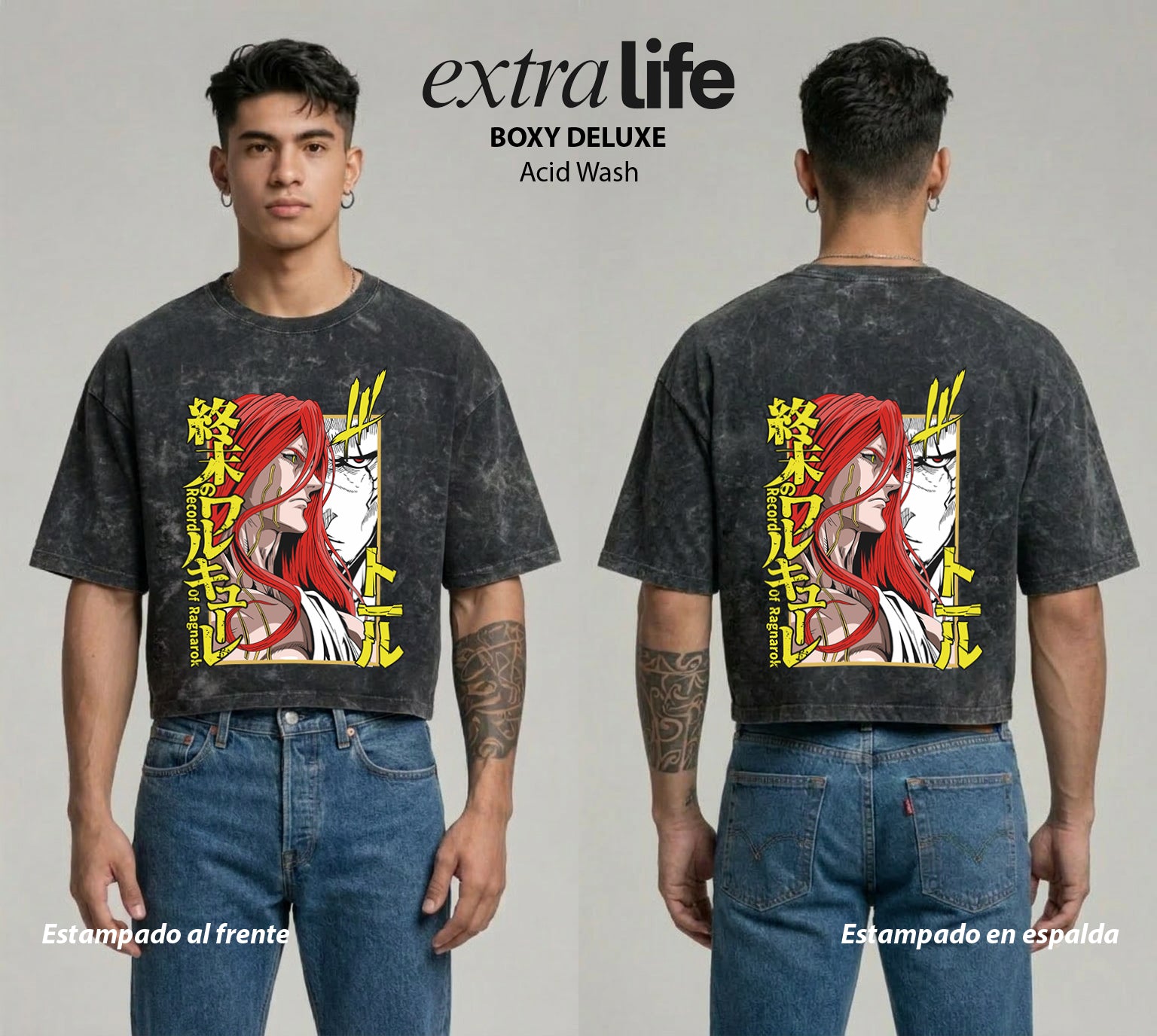 Playera streetwear premium de anime y gaming ExtraLife MX, corte boxy deluxe mineral wash heavyweight en color Acid Wash, moda urbana mexicana de culto.