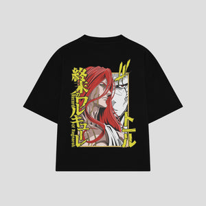 Playera streetwear premium de anime y gaming ExtraLife MX, corte boxy oversized drop shoulder heavyweight en color Deep Black y Off-White, moda urbana mexicana de culto.