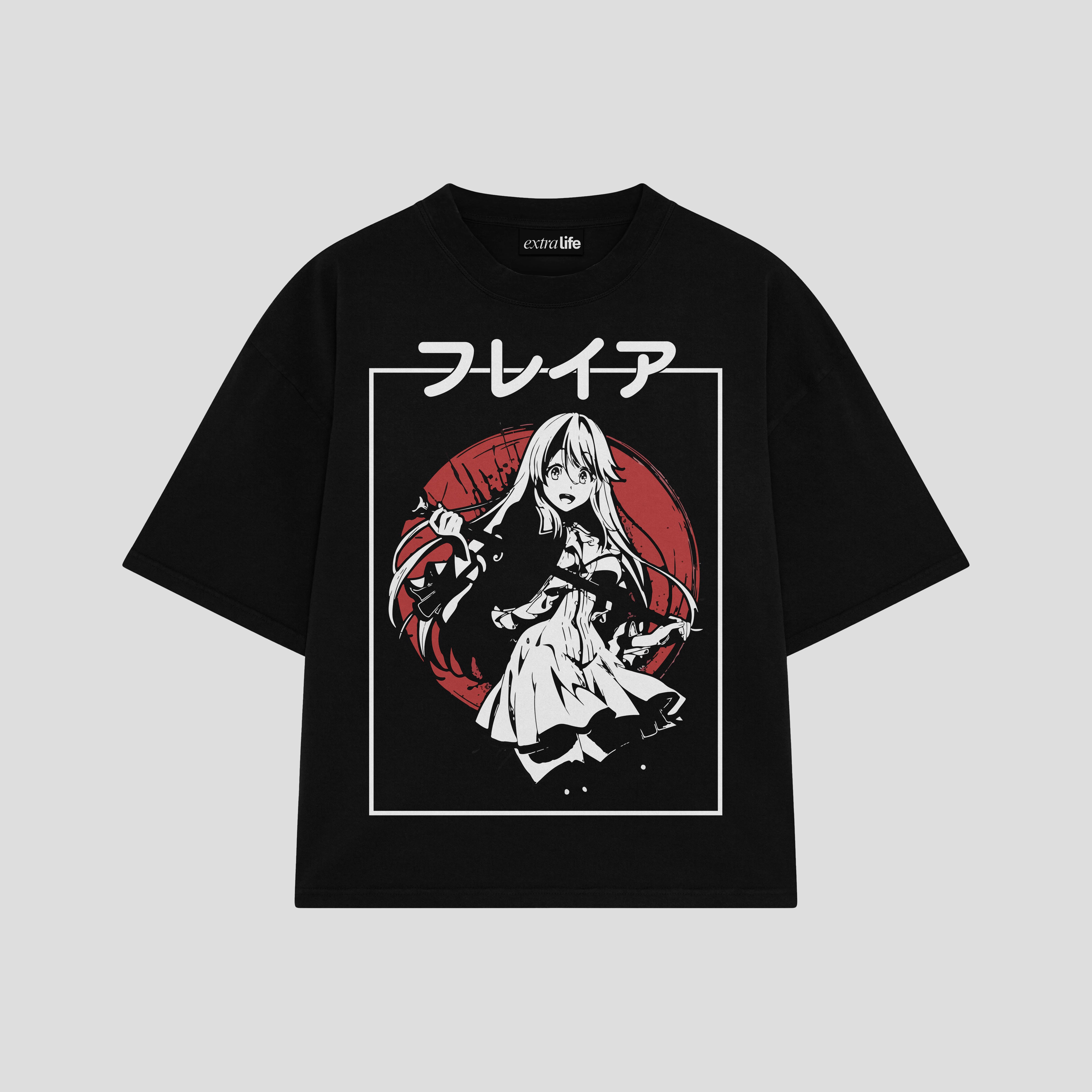 Playera streetwear premium de anime y gaming ExtraLife MX, corte boxy oversized drop shoulder heavyweight en color Deep Black y Off-White, moda urbana mexicana de culto.
