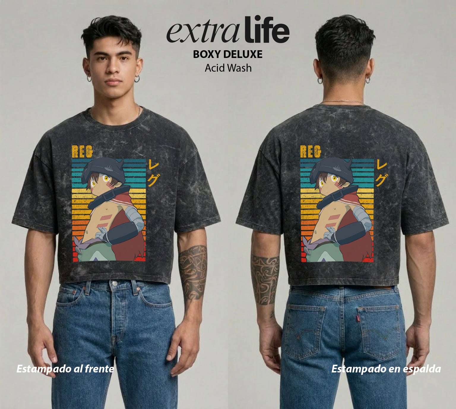 Playera streetwear premium de anime y gaming ExtraLife MX, corte boxy deluxe mineral wash heavyweight en color Acid Wash, moda urbana mexicana de culto.